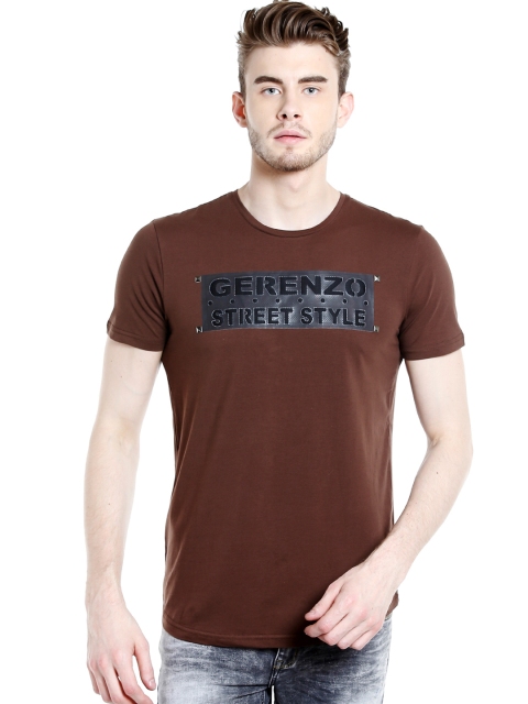 

Rex Straut Jeans Men Brown Printed Round Neck T-shirt