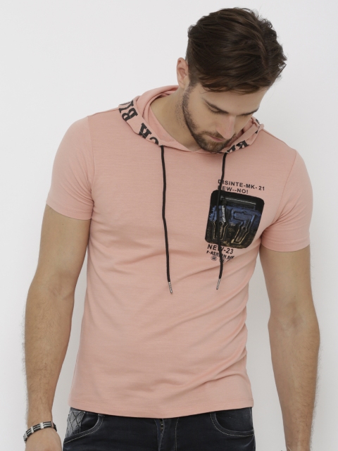 

Rex Straut Jeans Men Pink Printed Hood T-shirt