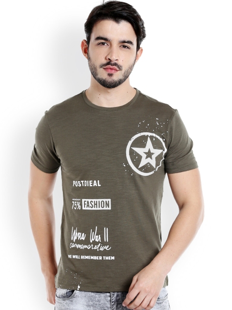 

Rex Straut Jeans Men Olive Green Printed Round Neck T-shirt