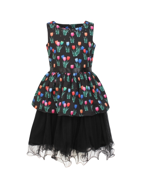 

CUTECUMBER Girls Black Printed Layered Fit & Flare Dress