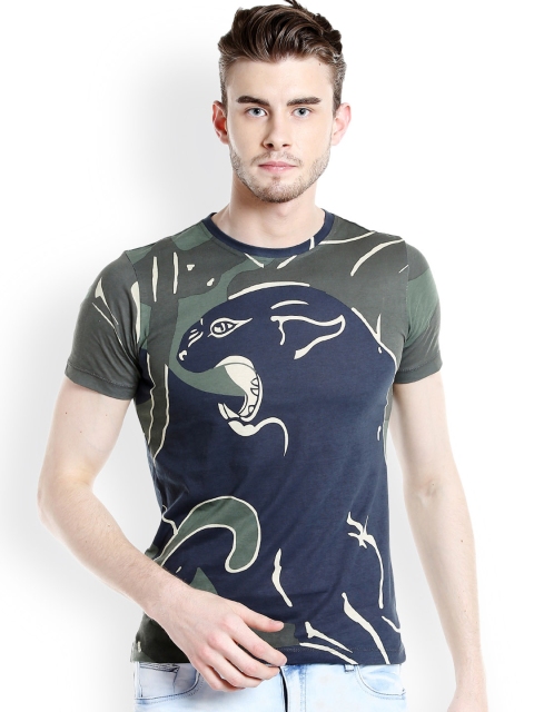 

Rex Straut Jeans Men Green & Blue Printed Round Neck T-shirt