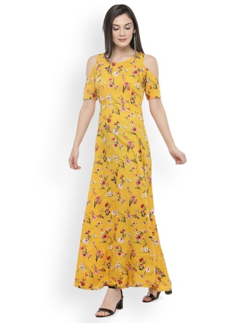 

plusS Women Mustard Yellow & Red Printed Cold-Shoulder Maxi Dress