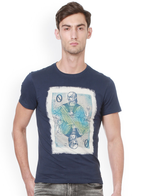 

Peter England Casuals Men Blue Printed Round Neck T-shirt