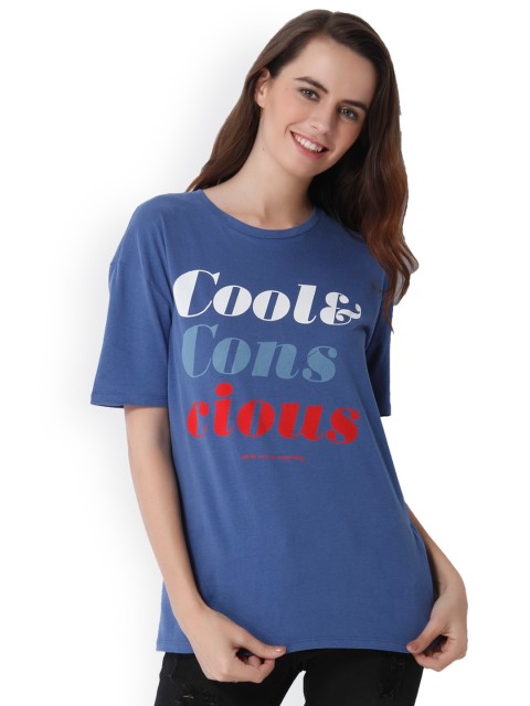 

ONLY Women Blue Printed Round Neck T-shirt