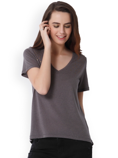 

ONLY Women Grey Solid V-Neck T-shirt