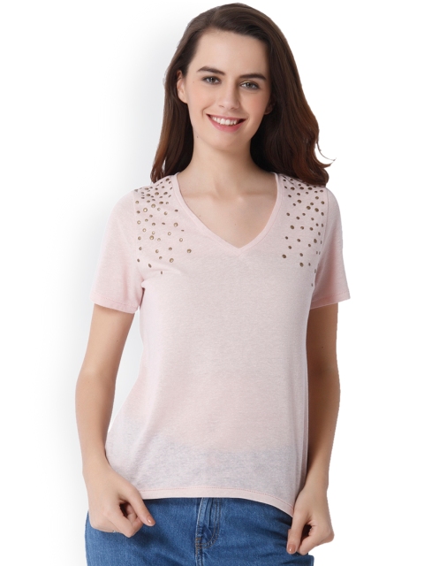 

ONLY Women Peach-Coloured Solid V-Neck T-shirt