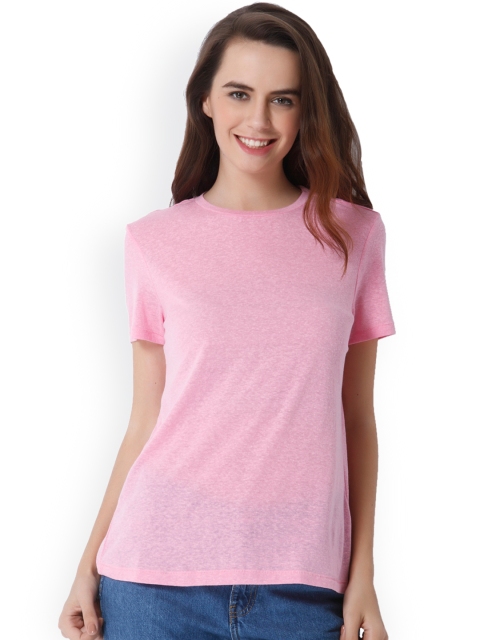 

ONLY Women Pink Solid Round Neck T-shirt
