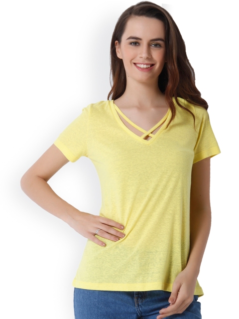

ONLY Women Yellow Solid V-Neck T-shirt