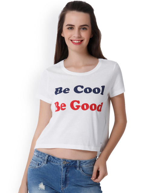 

ONLY Women White Printed Round Neck Crop T-shirt