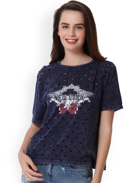 

ONLY Women Blue Printed Round Neck T-shirt