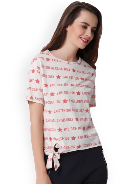 

ONLY Women Beige & Red Printed Round Neck T-shirt