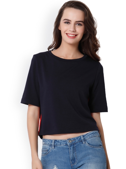 

ONLY Women Navy Blue Solid Round Neck Crop T-shirt