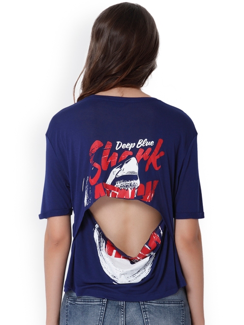 

ONLY Women Navy Blue Printed Round Neck T-shirt
