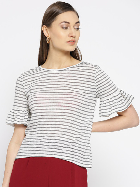 

ONLY Women White & Grey Striped Crop T-shirt