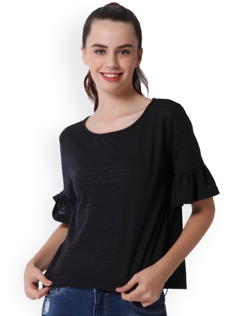 

ONLY Women Navy Blue Striped Round Neck T-shirt