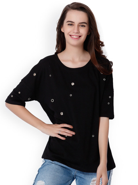 

ONLY Women Black Embellished Pure Cotton T-shirt