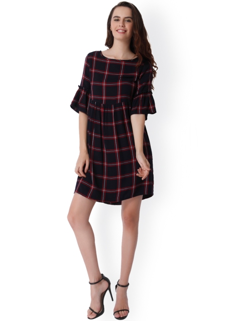 

ONLY Women Navy Blue & Red Checked A-Line Dress