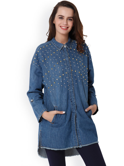 

ONLY Women Blue Boxy Self Design Casual Shirt