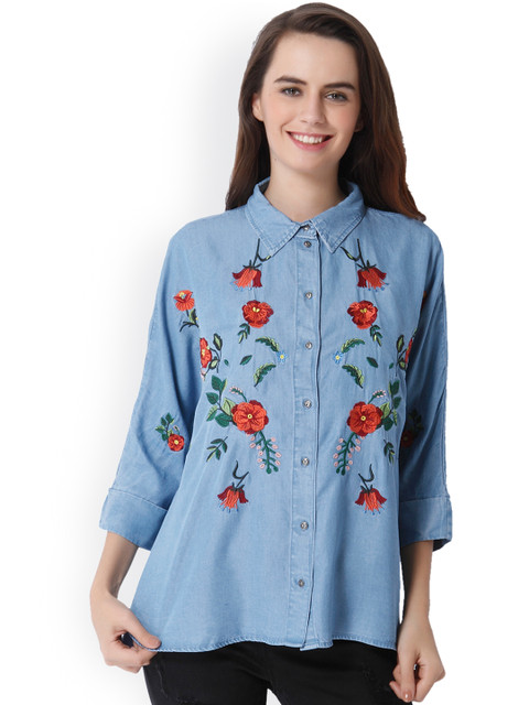 

ONLY Women Blue Boxy Embroidered Casual Shirt