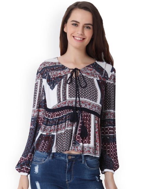 

ONLY Women Navy & White Printed Top, Navy blue