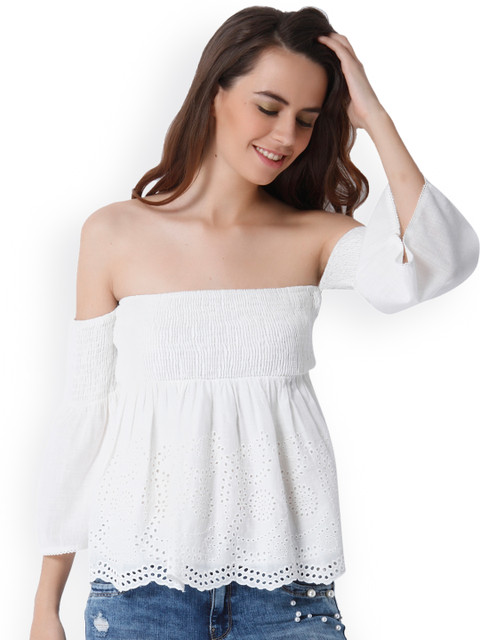 

ONLY Women White Self-Design Bardot Top