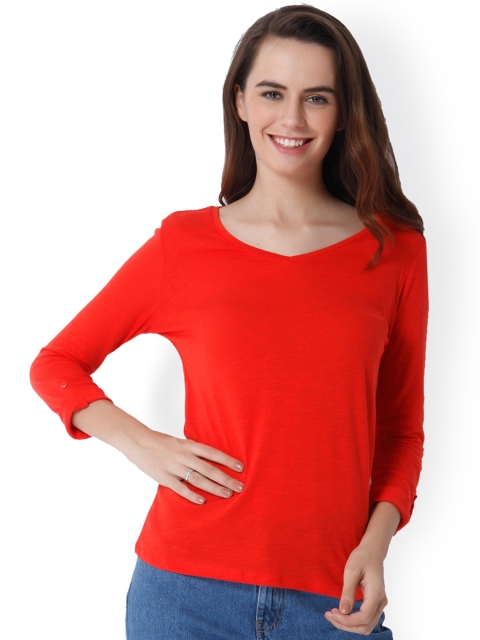 

ONLY Women Red Solid Pure Cotton Top