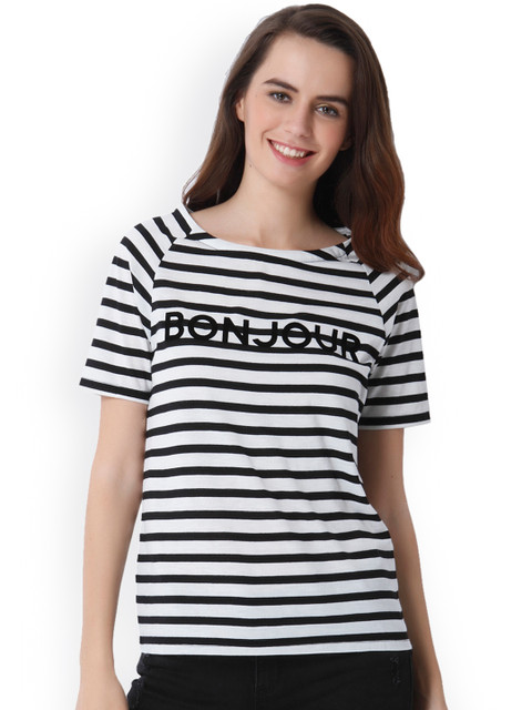 

ONLY Women Black & White Striped Round Neck T-shirt