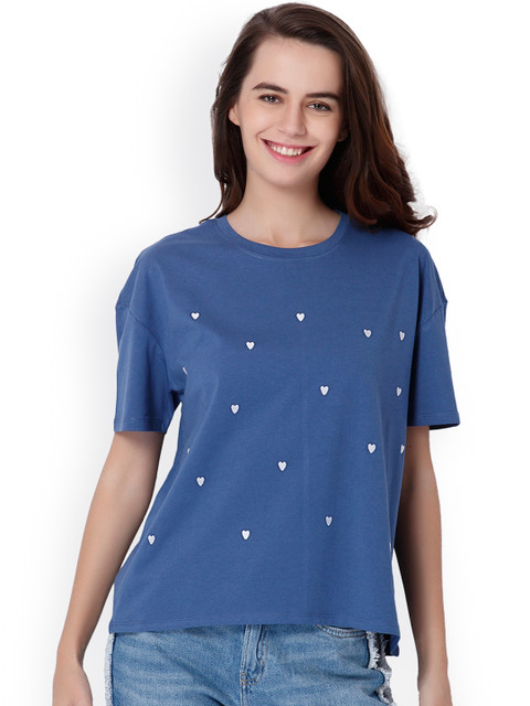 

ONLY Women Blue Printed Round Neck T-shirt