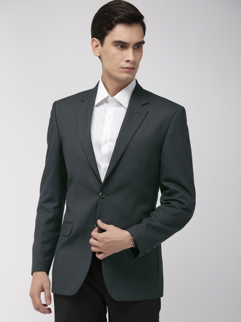 

Men Navy Blue & Grey Self Design Slim Fit Single-Breasted Formal Blazer