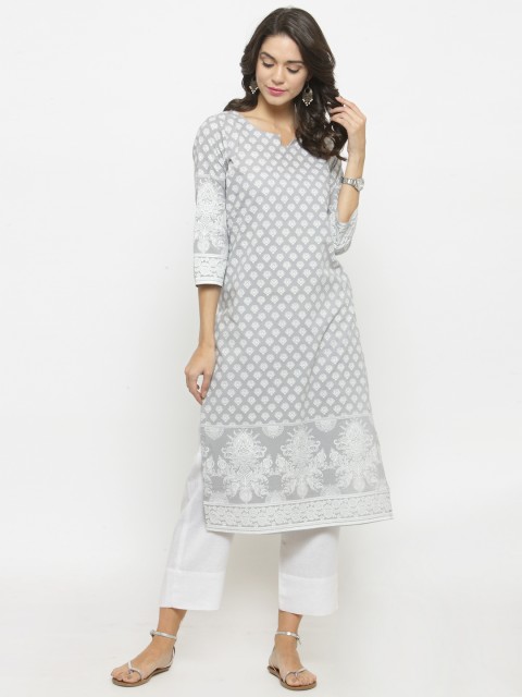 

Varanga Women Grey Printed Straight Kurta