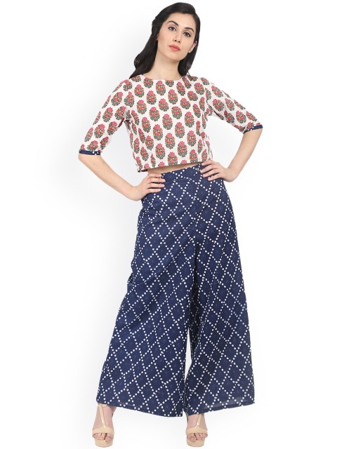 

Nayo Women Off-White & Blue Printed Top with Palazzos