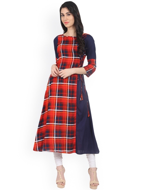 

Nayo Women Red & Navy Blue Checked A-Line Kurta