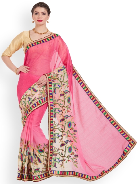 

Kvsfab Pink & Beige Poly Chiffon Embroidered Saree