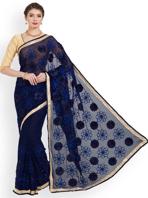 

Kvsfab Navy Blue & Multicoloured Pure Georgette Embellished Saree