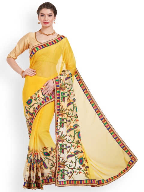 

Kvsfab Yellow & Beige Poly Chiffon Embroidered Saree