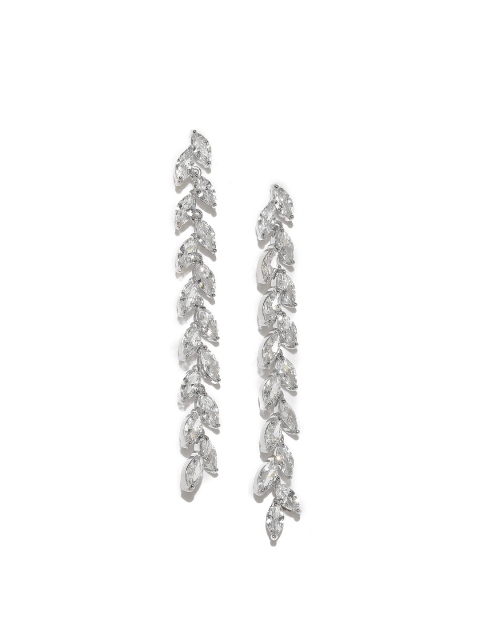

Amavi Silver-Toned Leaf-Shaped CZ Stone-Studded Drop Earrings