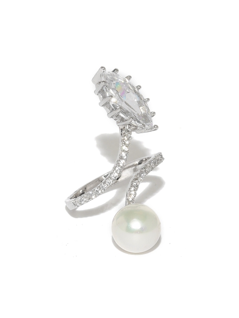 

Amavi Silver-Toned & White Gold-Plated CZ Stone-Studded Ring