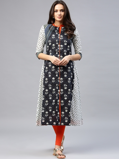 

Rain & Rainbow Women Black & White Printed A-Line Kurta