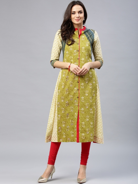 

Rain & Rainbow Women Green & Off-White Printed A-Line Kurta