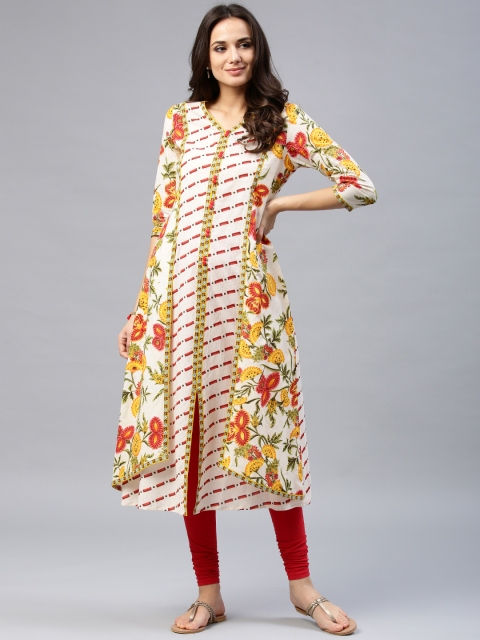 

Rain & Rainbow Women Off-White & Yellow Floral Printed A-Line Kurta