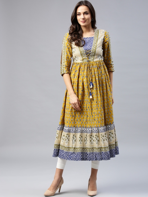 

Rain & Rainbow Women Mustard Yellow & Blue Printed A-Line Kurta