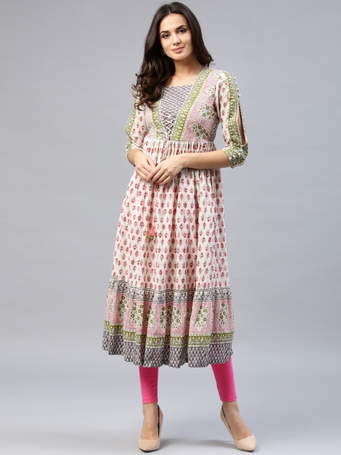 

Rain & Rainbow Women Off-White & Pink Printed Anarkali Kurta