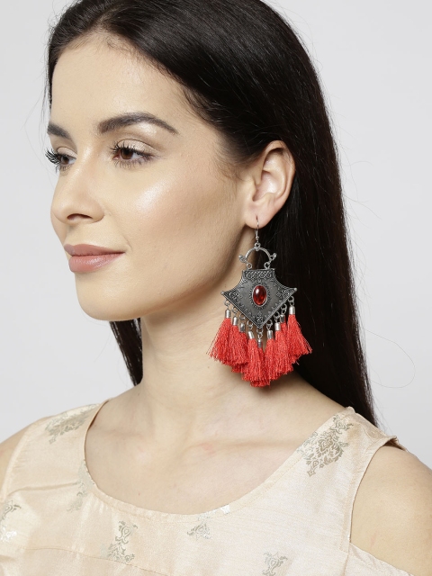 

Infuzze Oxidised Silver-Toned & Red Tasselled Drop Earrings