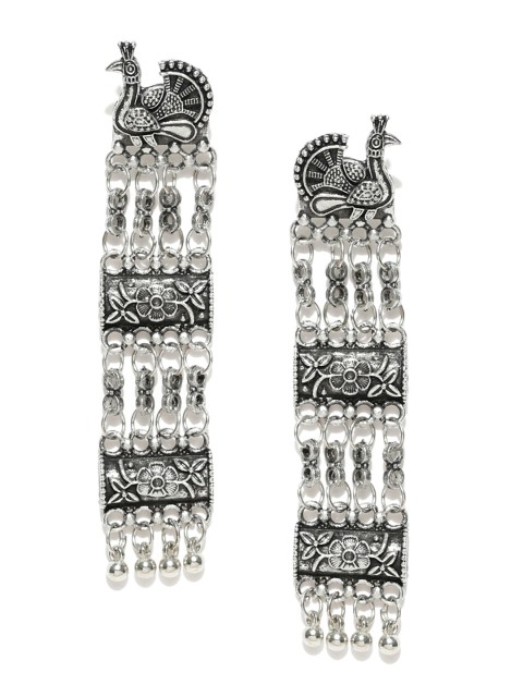 

Infuzze Oxidised Silver-Toned Peacock Shaped Drop Earrings