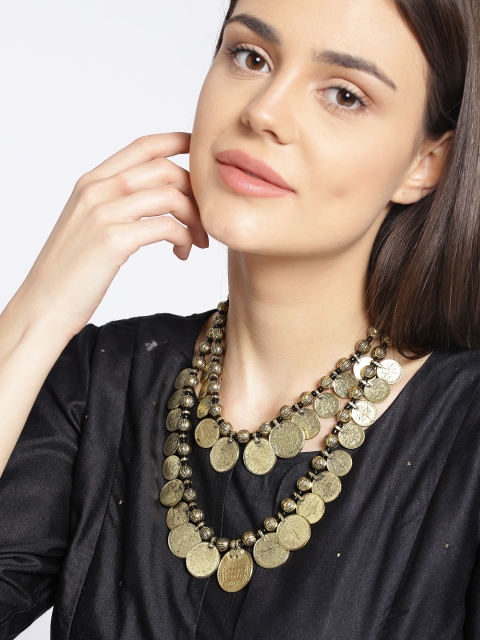 

Infuzze Antique Gold-Toned & Black Layered Coin Necklace