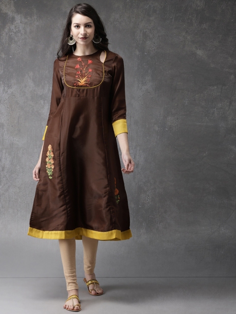 

Anouk Women Coffee Brown & Yellow Embroidered A-Line Kurta