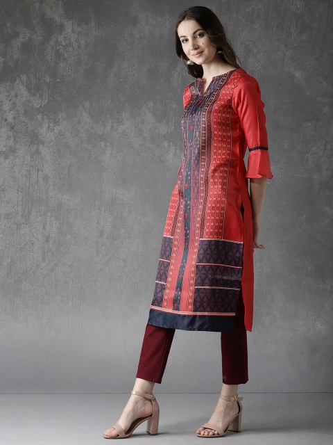 

Anouk Women Coral Red & Navy Blue Printed Straight Kurta