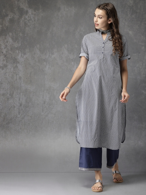 

Anouk Women Navy Blue & White Printed A-Line Kurta