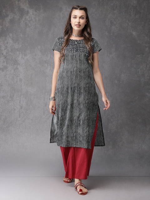 

Anouk Women Black & Grey Woven Design Straight Kurta