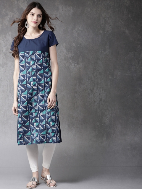 

Anouk Women Navy Blue & Green Printed Panelled Straight Kurta